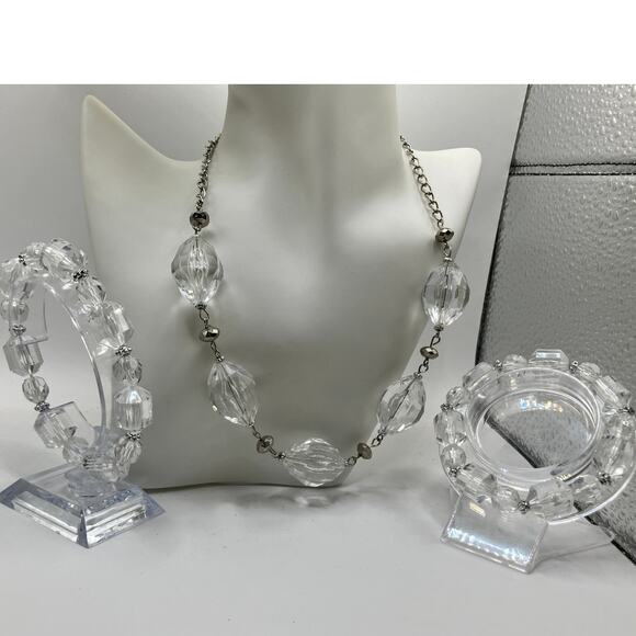 Clear Beaded Crystal Silver-Tone Spacers Necklace & 2 Bracelets Set! - Picture 9 of 13